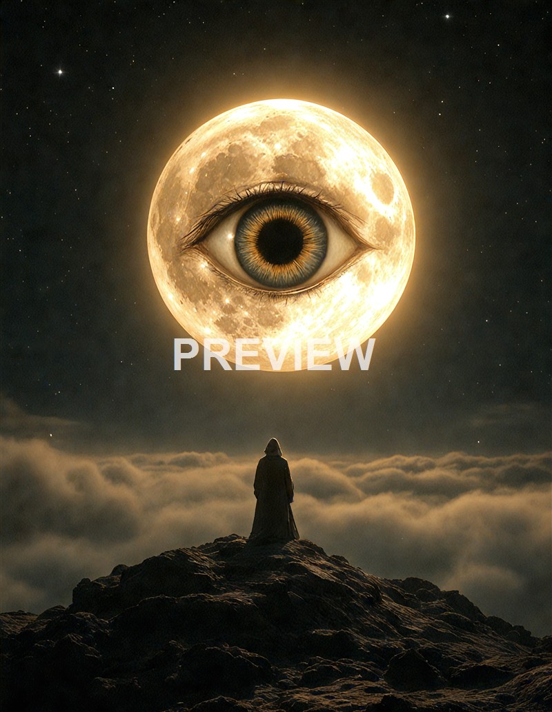 A person standing on a rocky hilltop gazing at a surreal scene where a large moon with an eye in the center appears in the night sky above clouds.